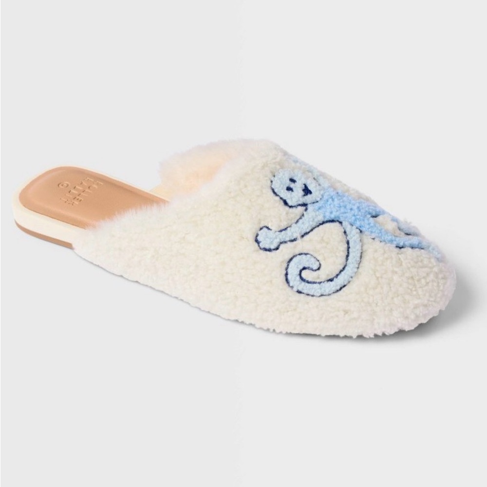 Cream Shearling Slip-On Slipper with Blue Embroidered Monkey - Roller Rabbit